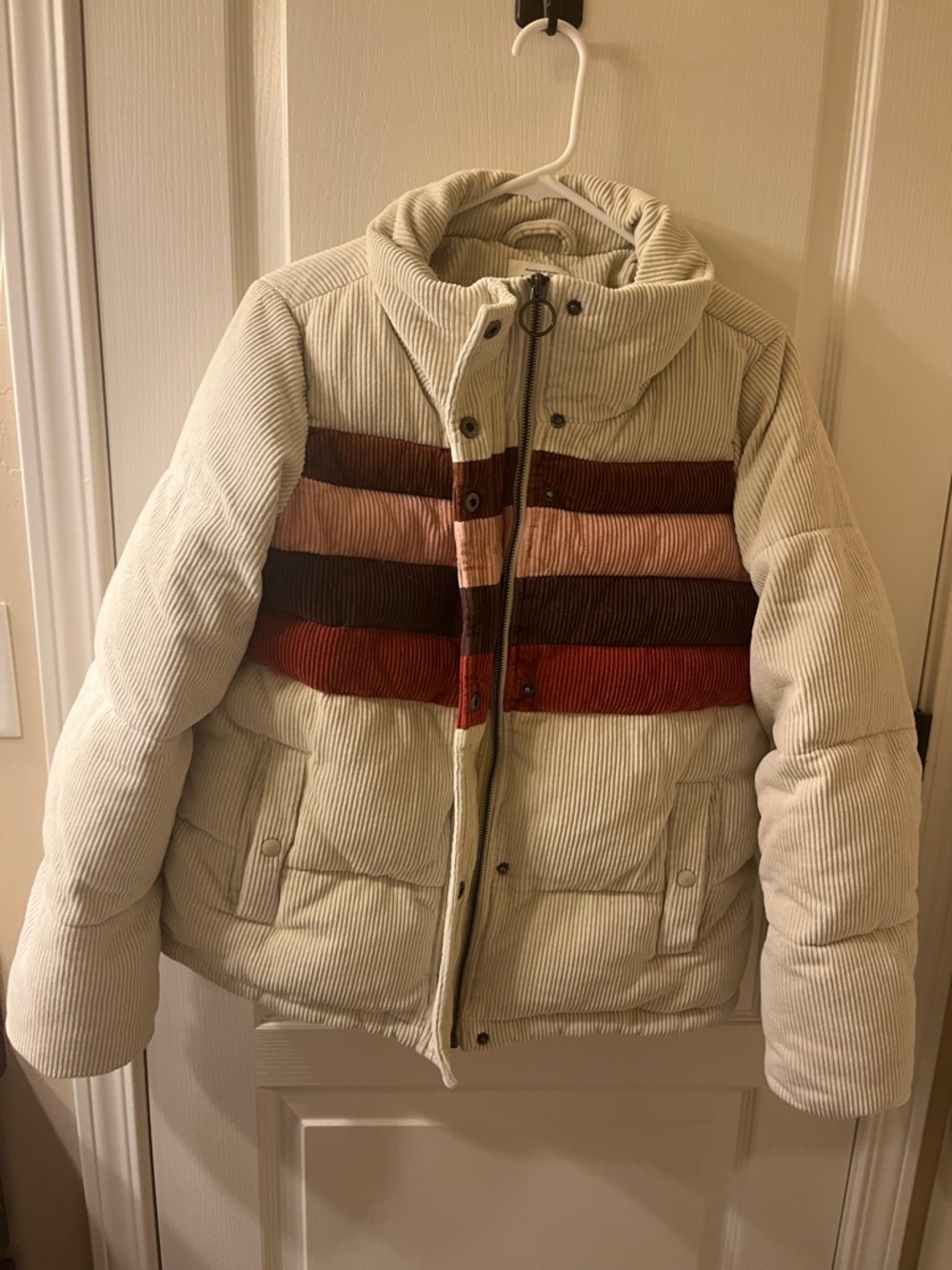 Bohme Cream Corduroy Puffer Jacket with colorblock Stripes